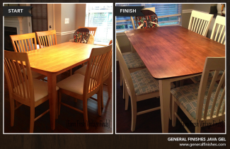 before nd after of refinished dining room table using java gel finish