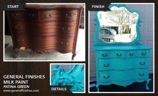 before and after of refinished dresser using patina green milk paint