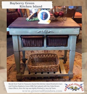 refinished kitchen island using bayberry green milk paint